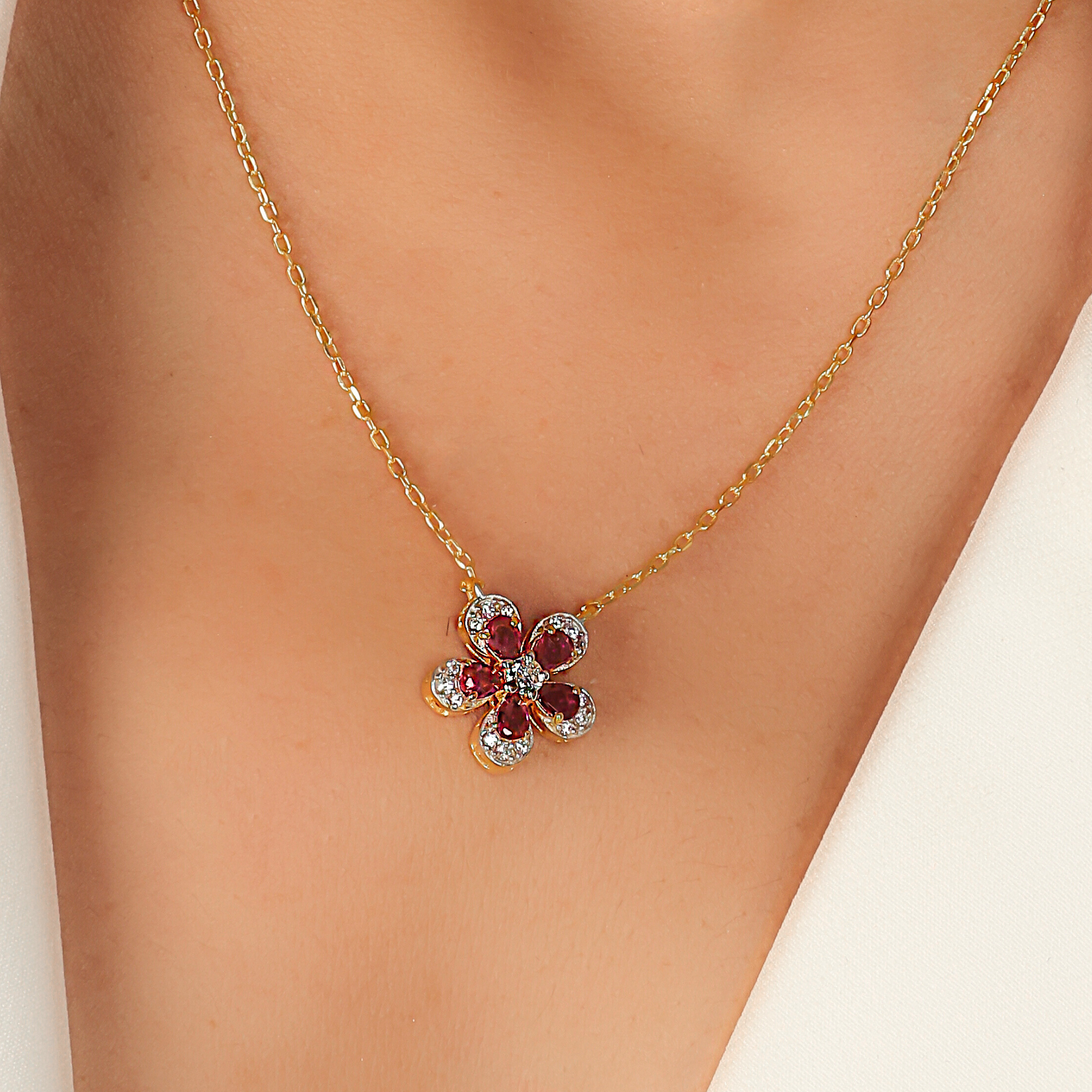 Daisy Flower Ruby Pendant With Chain, Hallmarked 925 Sterling Silver